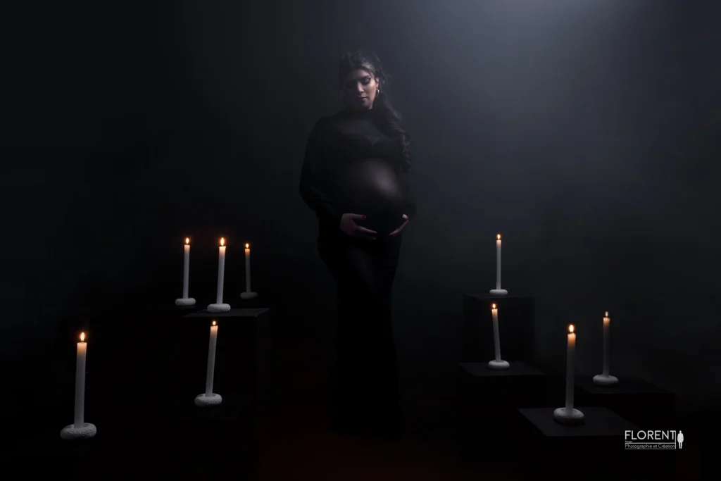 photographe maternité au milieu des bougies douce fumée studio florent photographe fanie boulogne sur mer lille bethune arques le touquet paris calais arras